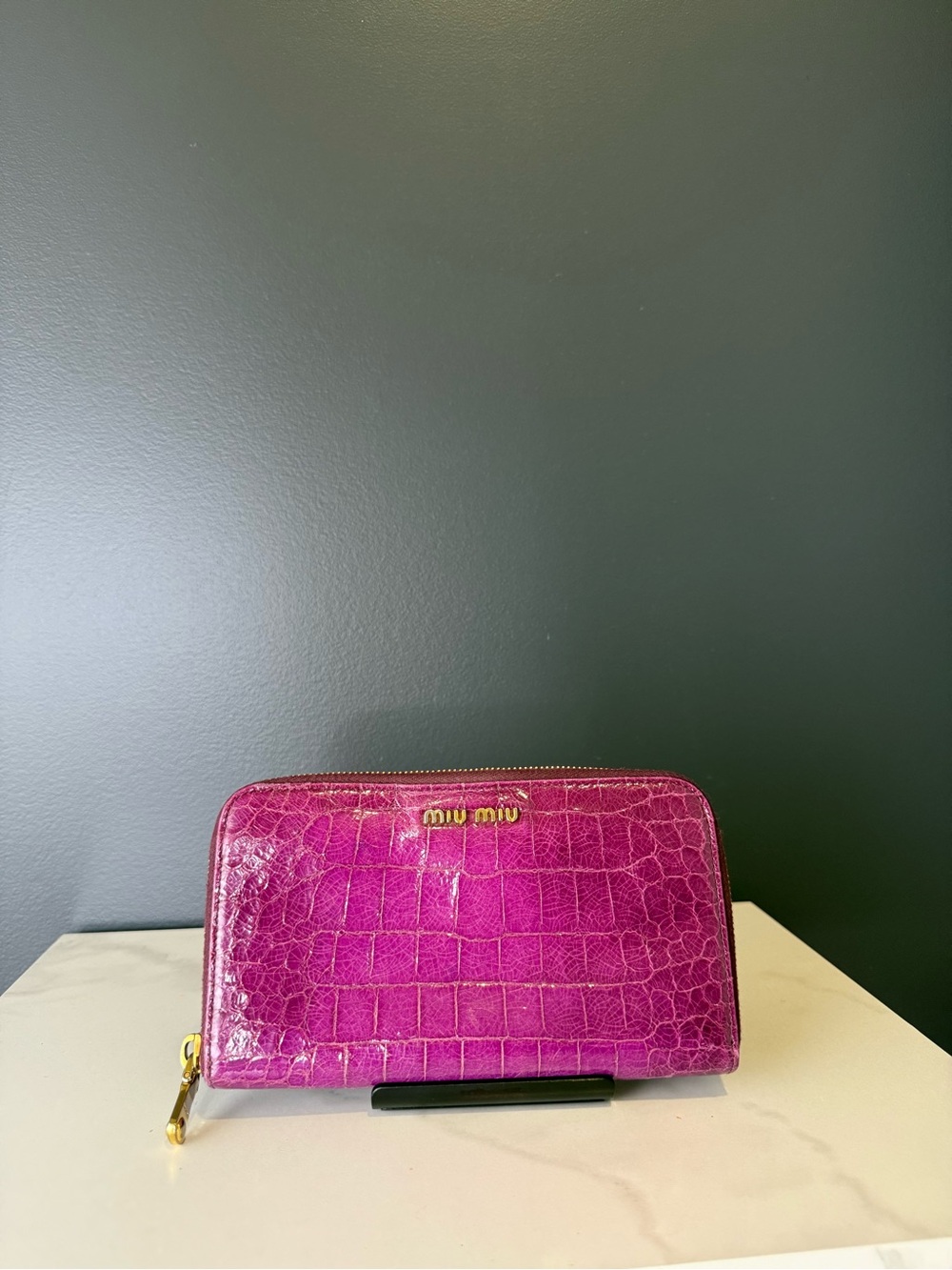 Miu Miu Croc-Embossed Zip Wallet in Bright Fuchsia with Gold Hardware